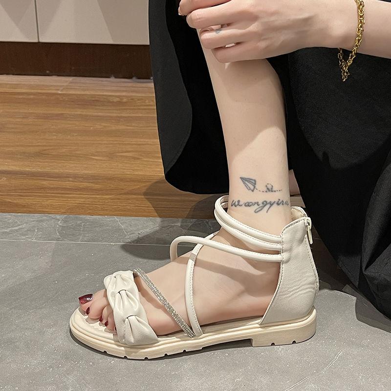 Footwear Zip Sandals for Woman Rhinestones Women's Shoes with Low Heels Summer 2024 Roman Style Diamond Green F H Daily Vintage