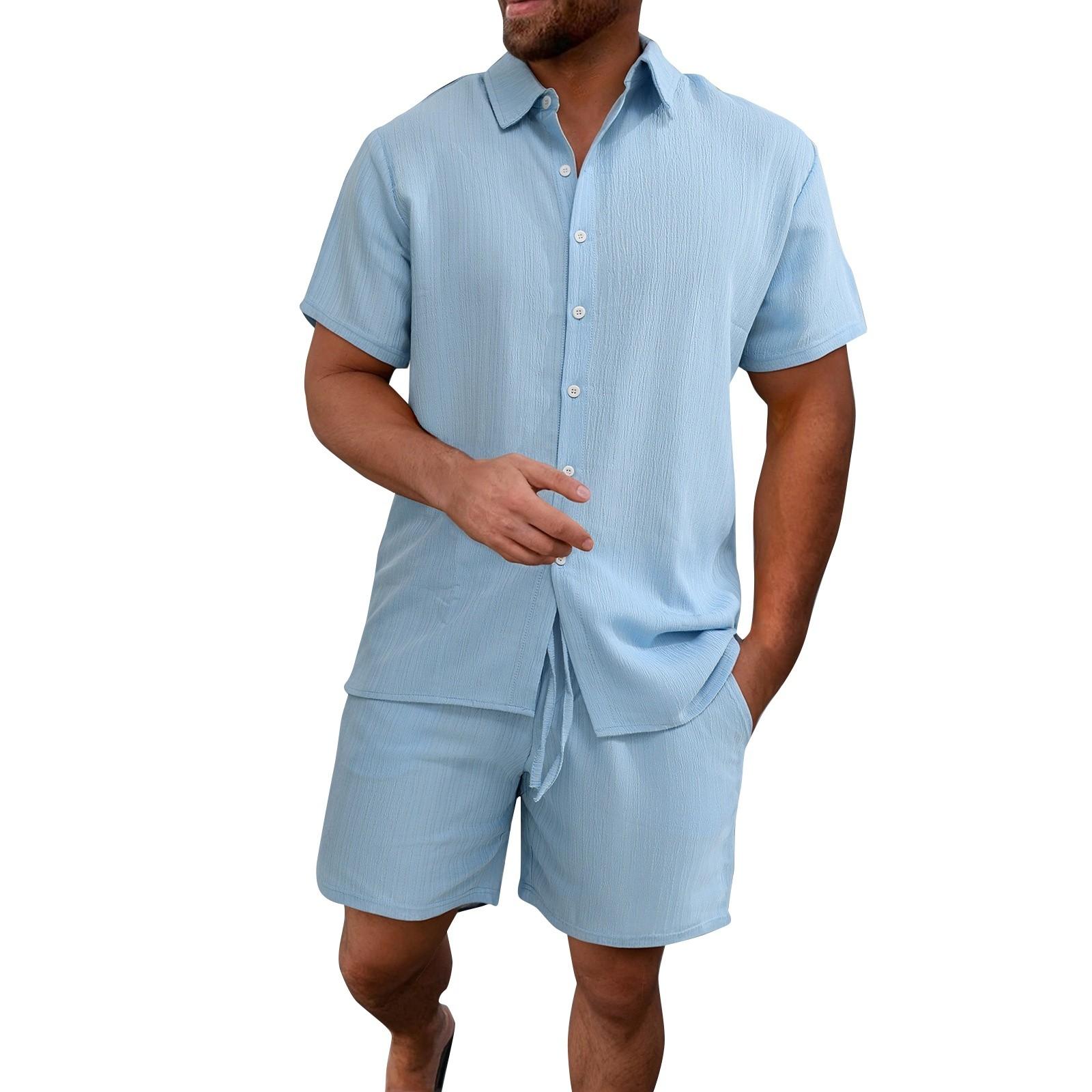 

Мужской летний комплект из рубашки и шорт в гавайском стиле с однотонной полоской и текстурированными пуговицами XXXL