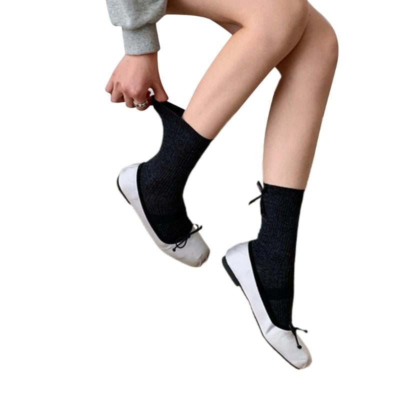 

Japanese Style Elegant Solid Color Middle Tube Crew Socks for Women Girl Cute Bowknot Back Ribbed Striped Cotton Socks чёрный
