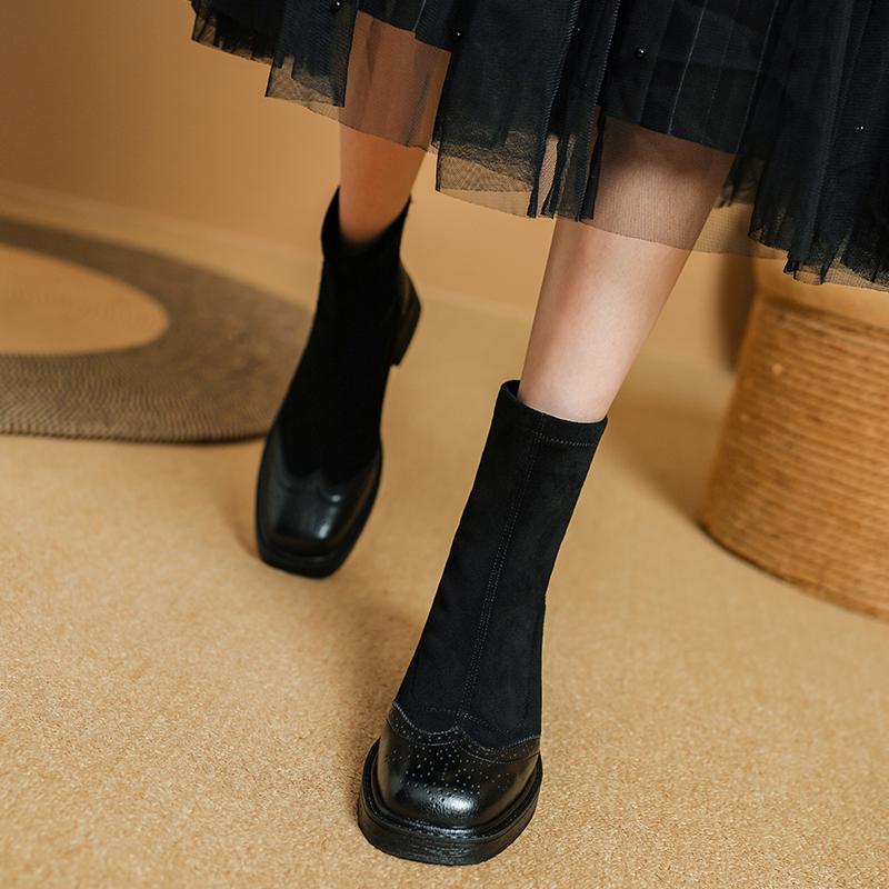 Fashion 2025 NEW Autumn Women Boots Stretch Fabric Shoes for Women Round Toe Chunky Heel Boots for Women Black Platform Boots Brown