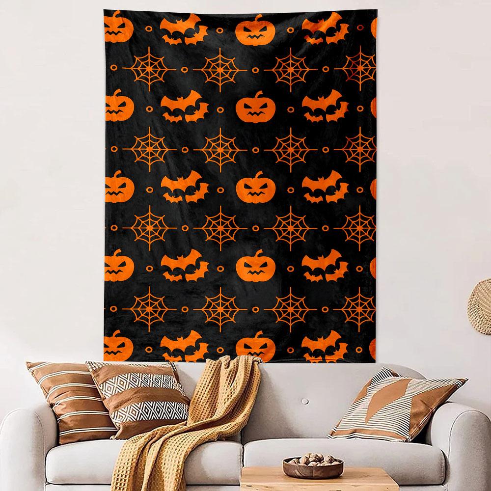 Halloween Bats, Pumpkins, and Web Pattern Patterned Tapestry Decorative Wall Hanging, Home Bedroom Living Room Decor