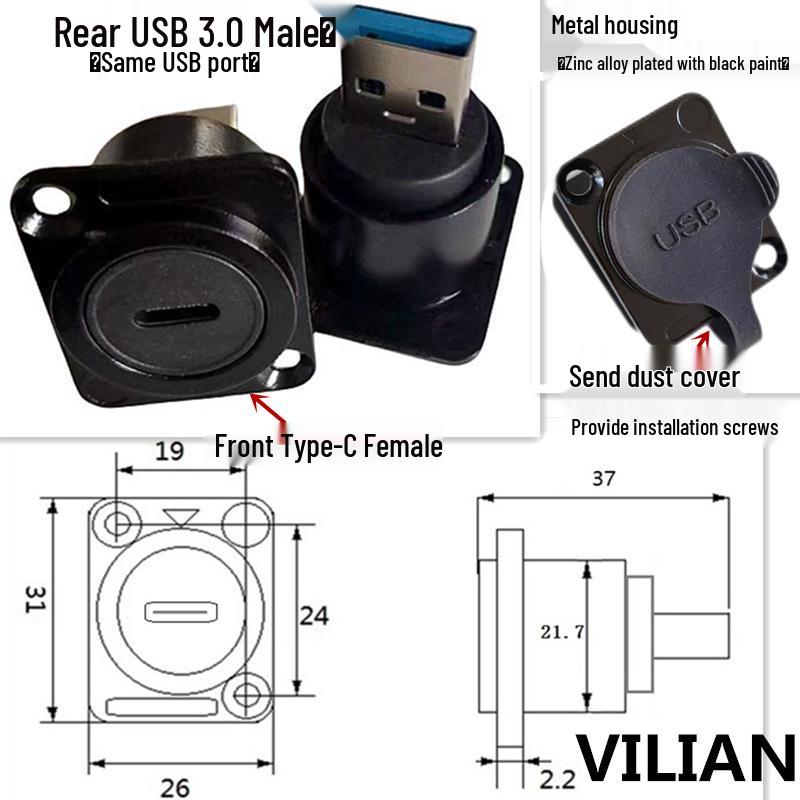USB Type D Panel Mount Waterproof Female Socket (USB 2.0/3.0) for Digital Data Transfer