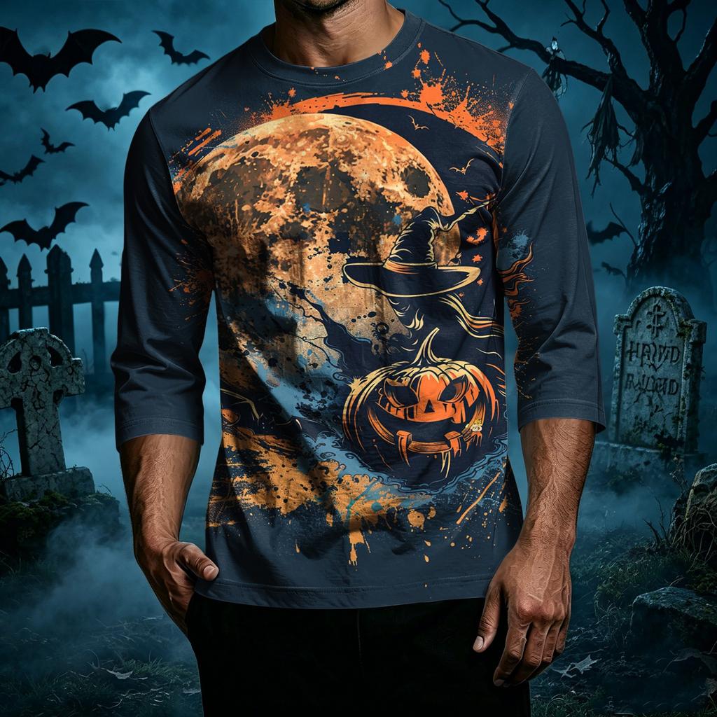 Men's Casual Halloween Print Crew Neck T Shirt Three Quarter Sleeve Top Lightweight Comfortable Fit Seasonal Design