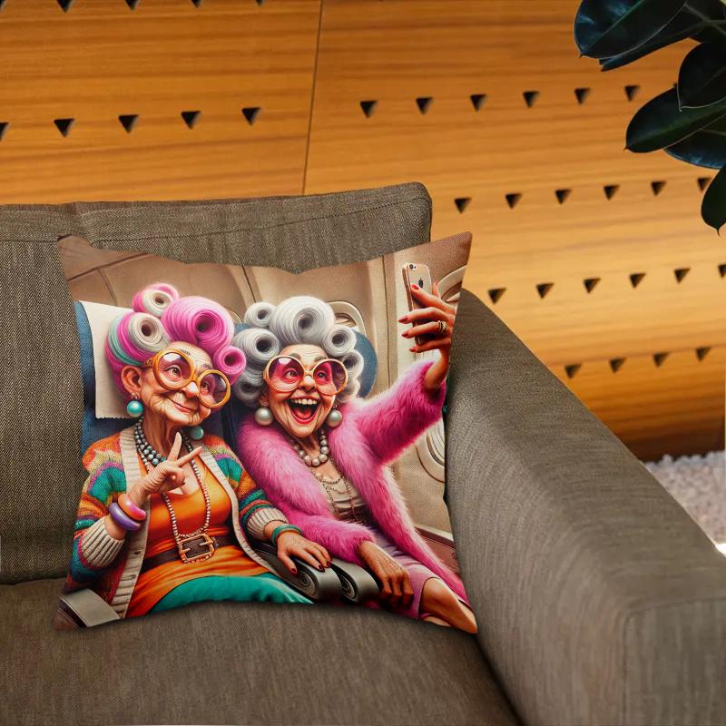1Pc Grandma Selfie On Plane Print Throw Pillow Cover,Suitable For Sofa,Bedroom,Living Room,A Stylish Gift For Best Friends