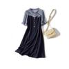Carry Out Elegant To the End! Design Sense Women Fake Two Pieces Washed Cotton Denim Blue Clover Badge Dress Summer