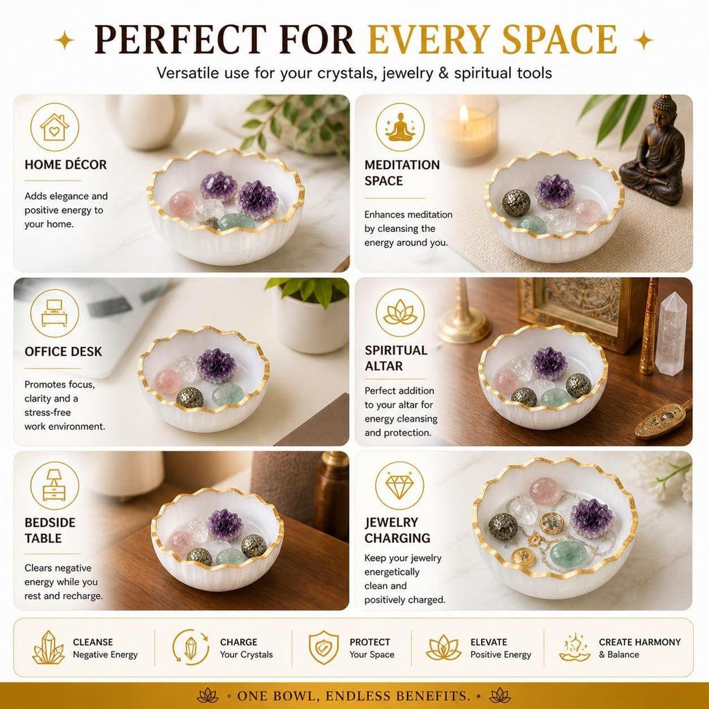 Selenite Charging Bowlwith Golden Rim | Lab Certified White Selenite Crystal Bowl for Charging,