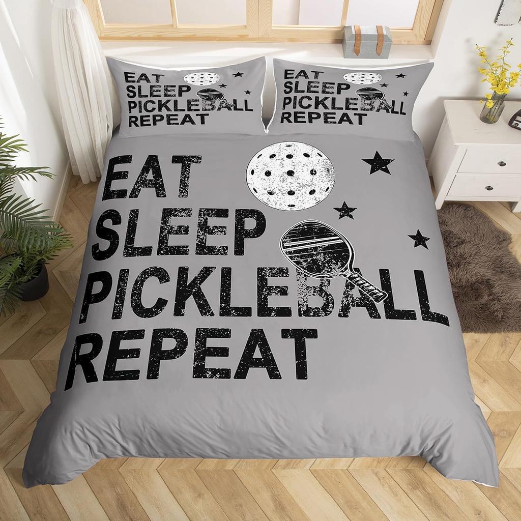 Pickleball Duvet Cover Full Size Ball Sports Gaming Bedding Set Yellow White Quotes Comforter Cover Black Microfiber Quilt Cover