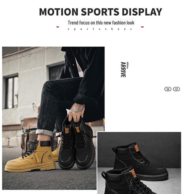 Men's Autumn British Style High-Top Yellow Martin Boots - All-Match Korean Version with Thick Soles.