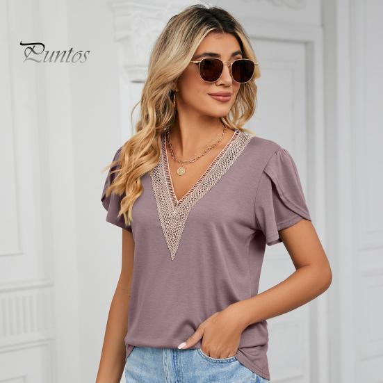 Tee Top V-neck Petal Short Sleeve Women T-shirt Summer Shirt Golden Lace Stitching Loose Pullover Streetwear