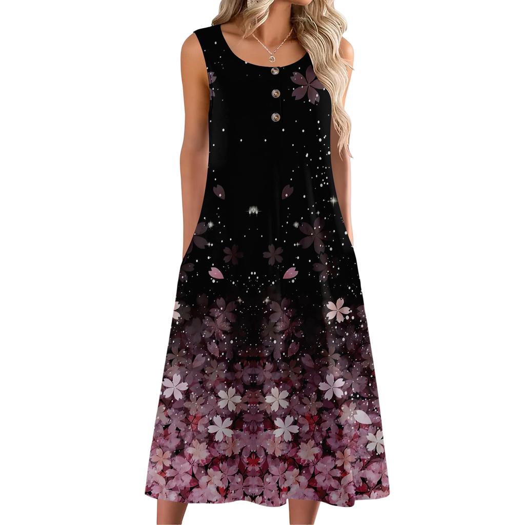 Women's Fashion Casual Sleeveless Button Floral Print Dress with Pocket