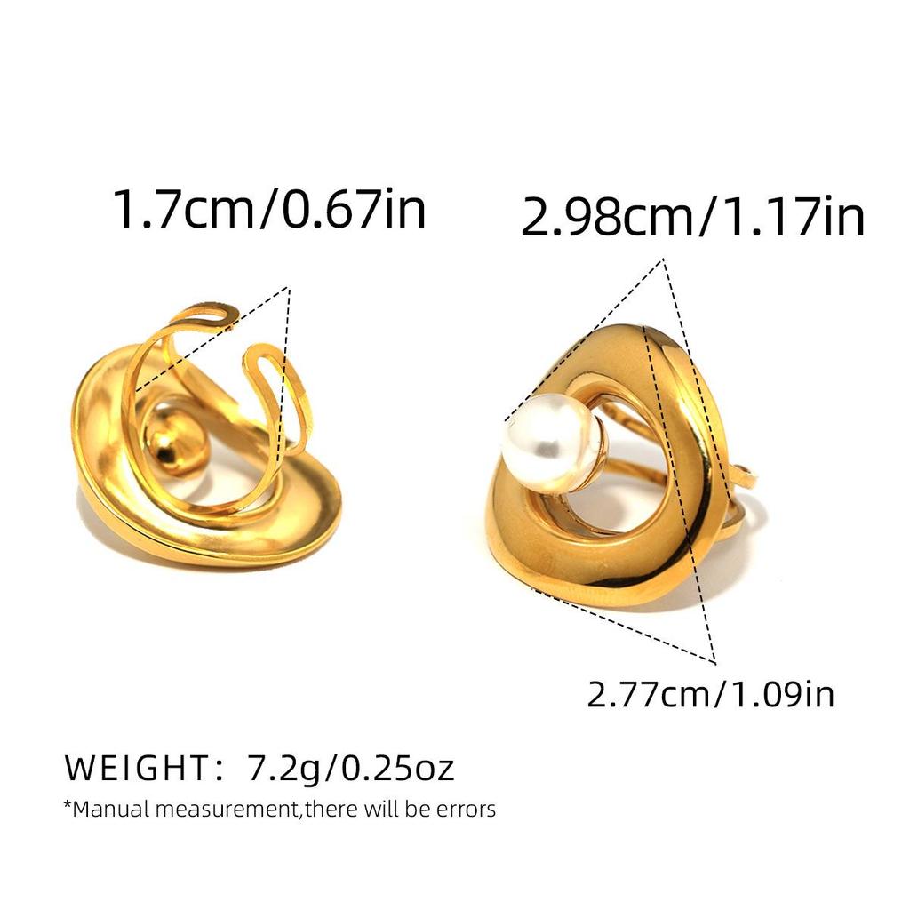 European & American Fashion: Stainless Steel Pearl Geometric Open Ring with Smooth, Hollow Design