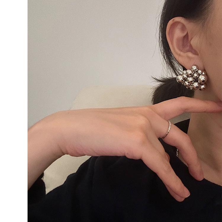 925 Sterling Silver Irregular Beaded Earrings with Textured Metal Balls – European/American Style, Exaggerated Fashion Design
