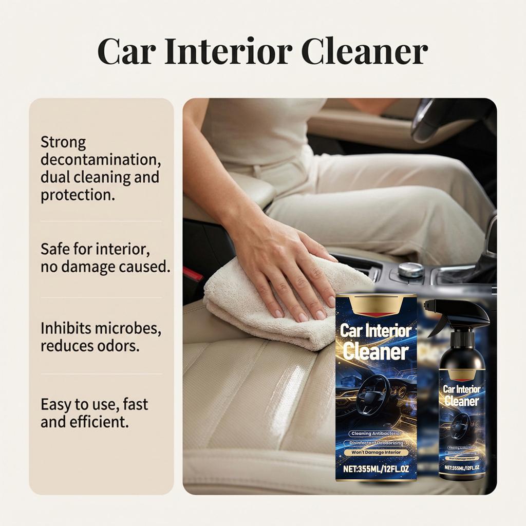 Car interior cleaner, for cleaning, refinishing, stain removal, and daily maintenance of car interior seats, 355ml.