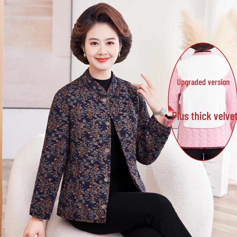 Mom's Floral Plush Winter Jacket - Thickened Cotton, Lightweight for Mid-Aged & Elderly
