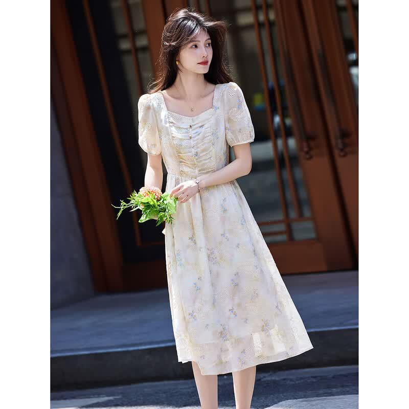 Elegant French Style Floral Embroidered Puff Sleeve Long Dress S