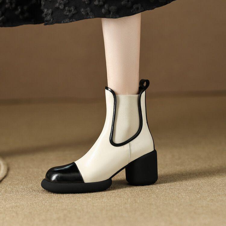 

2025 осень новые кожаные круглые водонепроницаемые ботинки Martin на высоком каблуке женские ботинки Chelsea толстый каблук универсальные короткие ботинки 35