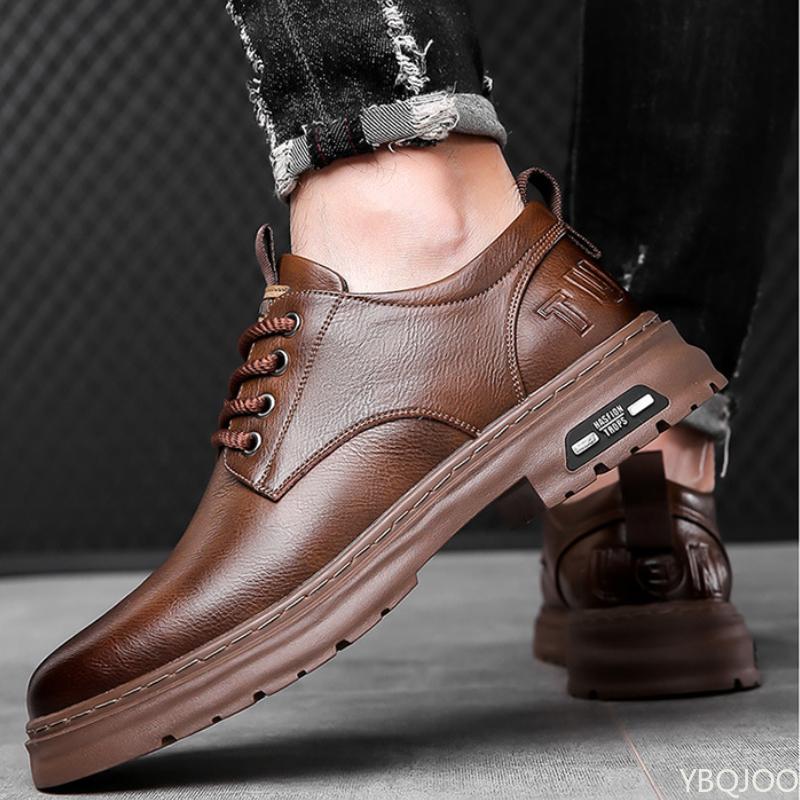 Retro New Men'S Leather Shoes Handmade Business Casual Workwear Men Shoes Solid Color Lace Up Soft Sole Breathable Sports Shoes