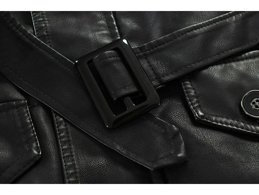 Men's Stand Collar Leather Jacket - Autumn/Winter 2021, Mid-Length, Loose Fit, Plus Velvet, Plus Size, PU Leather.