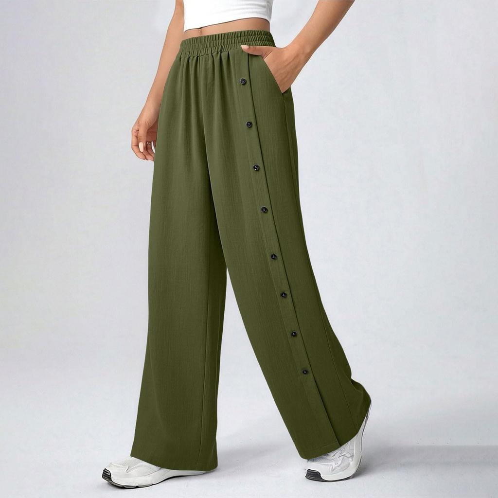 Women's Fashionable Color Button Elastic Waist Straight Tube High Waist Pocket Cotton Linen Casual Pants