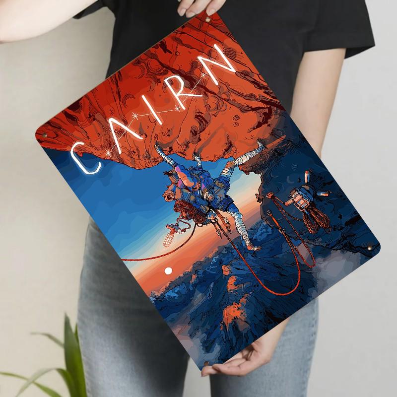 Astronaut Rock Climbing Planet Mountain Illustration Metal Wall Art Decorative Hanging Painting 20x30cm(7.8x11.8inch)