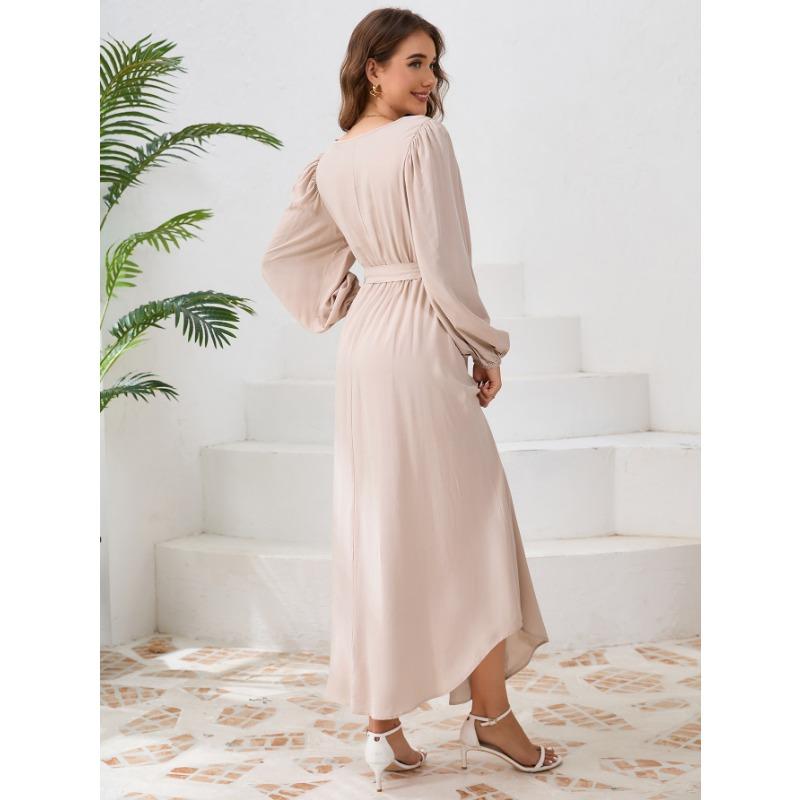 Herbstliches Rundhals-Blasen-Langarmkleid für Damen, lässig, einfarbig, A-Linien-Kleid