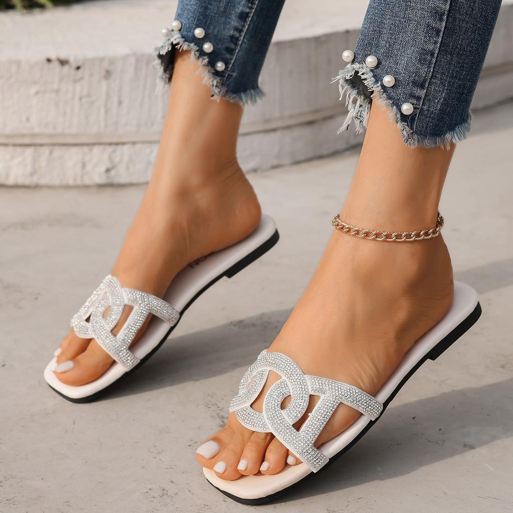 2025 Summer Slippers Women Wear New Women's Sandals Flat Sandals Rhinestone Hollow Women's Shoes Round Head 36-43