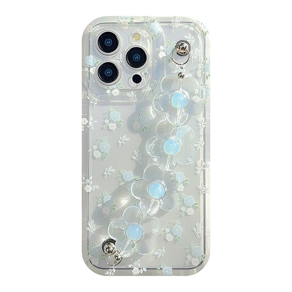 Summer Fresh Blue Floral Iphone14promax Apple 15 Mobile Phone Case 16 Suitable for 12 Transparent Lanyard