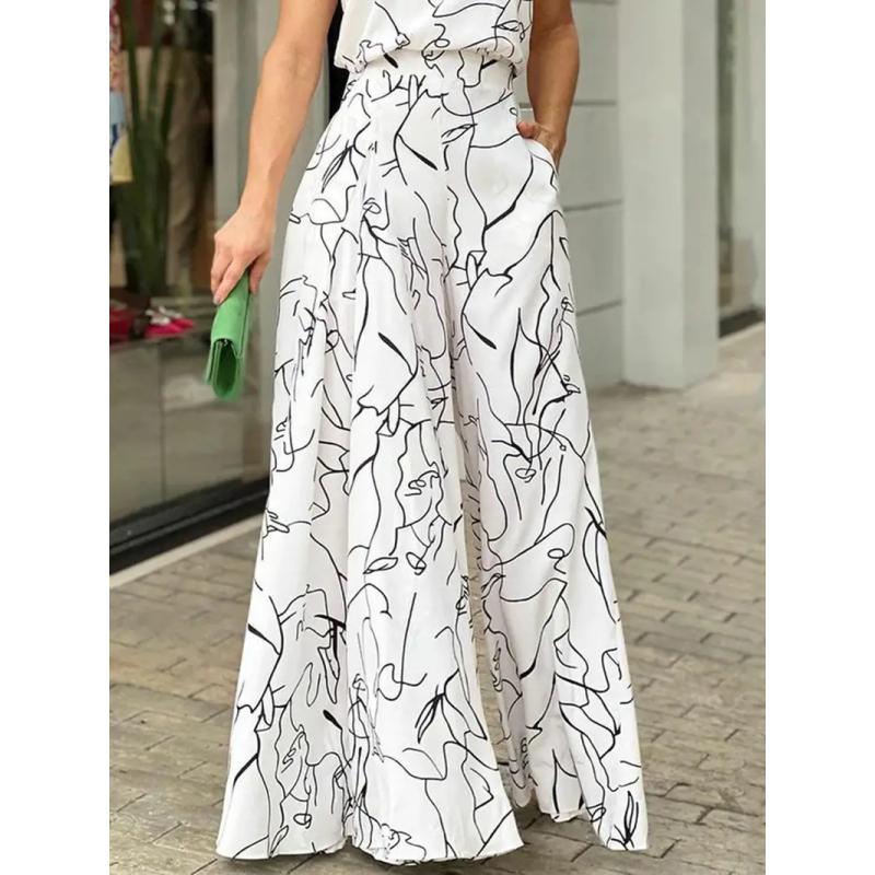 Tuta elegante allacciata alla caviglia Stampa casual Cravatta Vita senza maniche Tuta estiva con pantaloni lunghi a gamba larga Abbigliamento da donna
