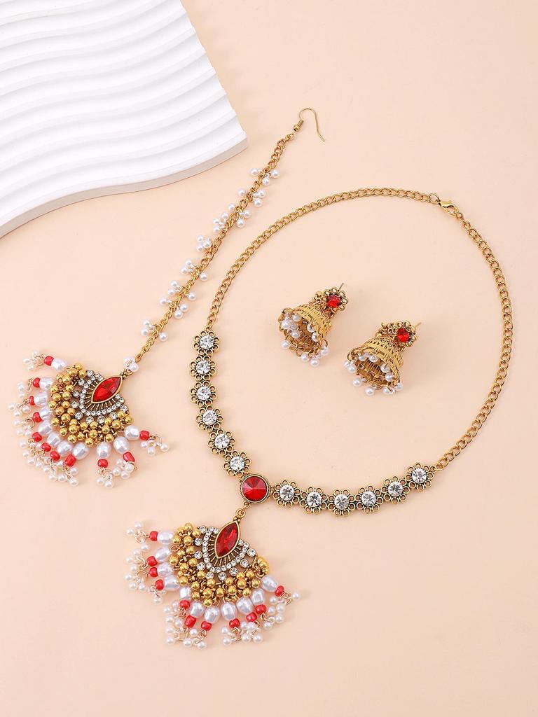 Middle Eastern Style Fan Shape Jewelry Set: Elegant Head Chain, Earrings, and Necklace for Women