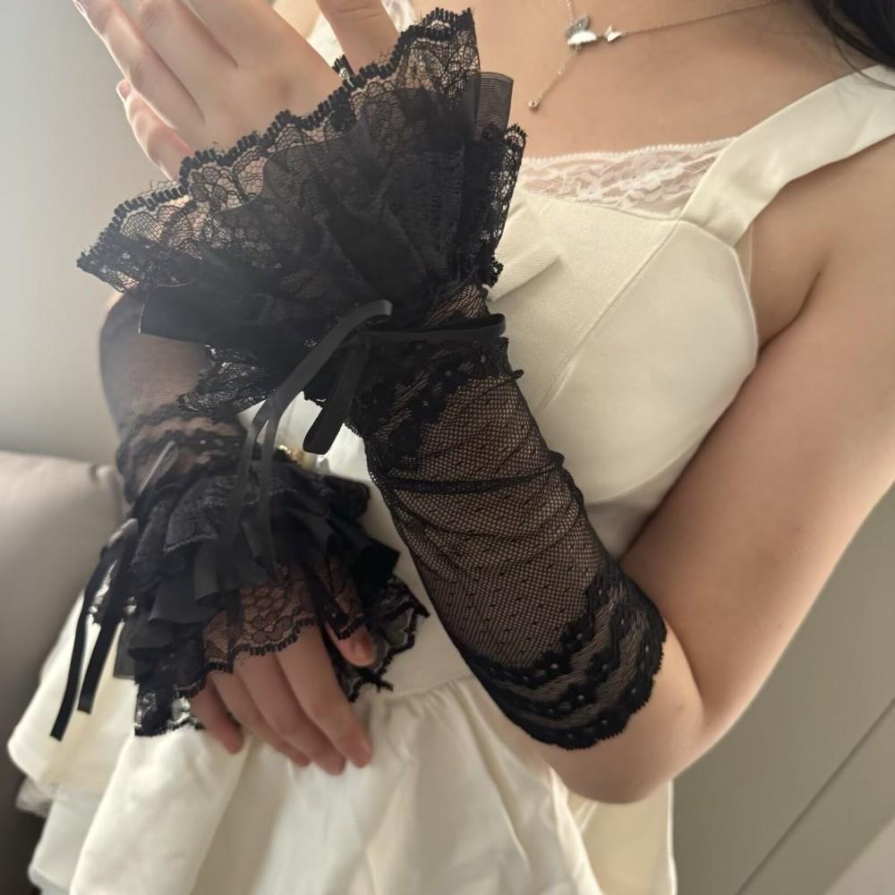 Bowknot Lace Fingerless Gloves Ruffle Trim Long Hand Sleeves Bridal Wrist Gloves Cosplay Event