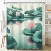 Elegant Lotus Flower Bath Curtain Green Leaves Pink Blossoms Decor Waterproof Clean Suitable For Wet And Dry Separation