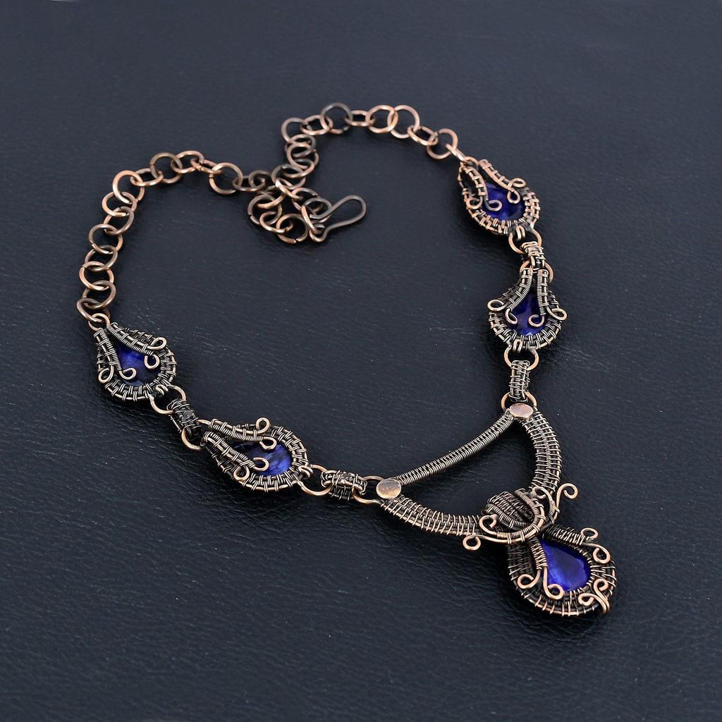Blue Sapphire Necklace, Handmade Gemstone Necklace, 999 Copper Wire Wrapped Necklace Antique Jewelry, For Engagement Gift
