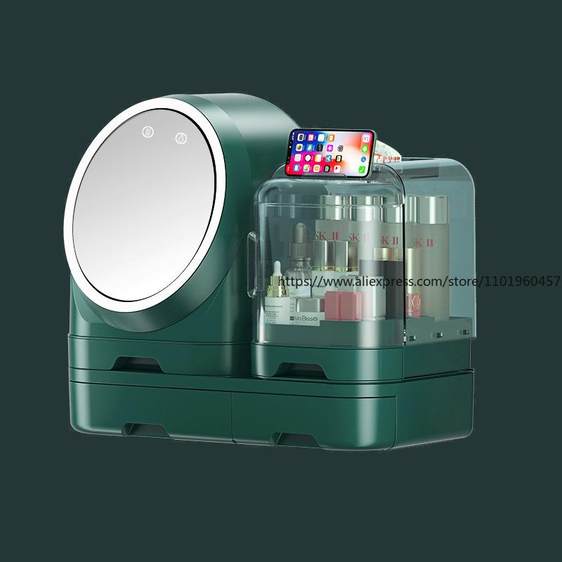 LED Equipped Cosmetic Organizer Dustproof with Mirror Large Capacity Desktop Vanity Storage Rack for Lipstick Skincare
