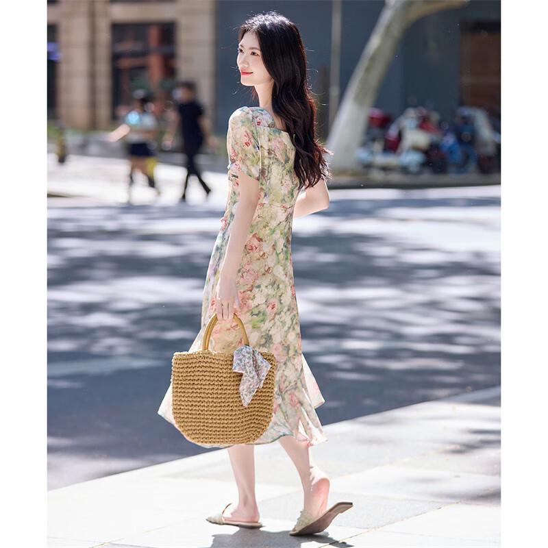 Women's Summer Floral Puff Sleeve Square Neck A-line Dress