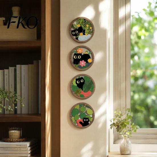 Retro Black Cat Wall Piece 4PCS Sign, with Warm Grain Texture Wood Art, Scratch-Resistant Rounded Corner Wooden Art Home Decor, Nordic Style