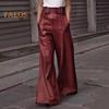 Women Flared Pants Slim High Waist Loose Pockets Faux Leather Elastic Waist Wide Leg Streetwear Solid Color Trousers for Work Leisure Daily Wear