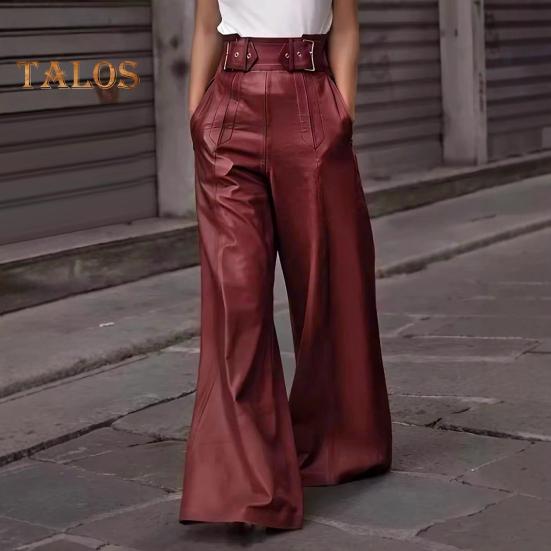 Women Flared Pants Slim High Waist Loose Pockets Faux Leather Elastic Waist Wide Leg Streetwear Solid Color Trousers for Work Leisure Daily Wear