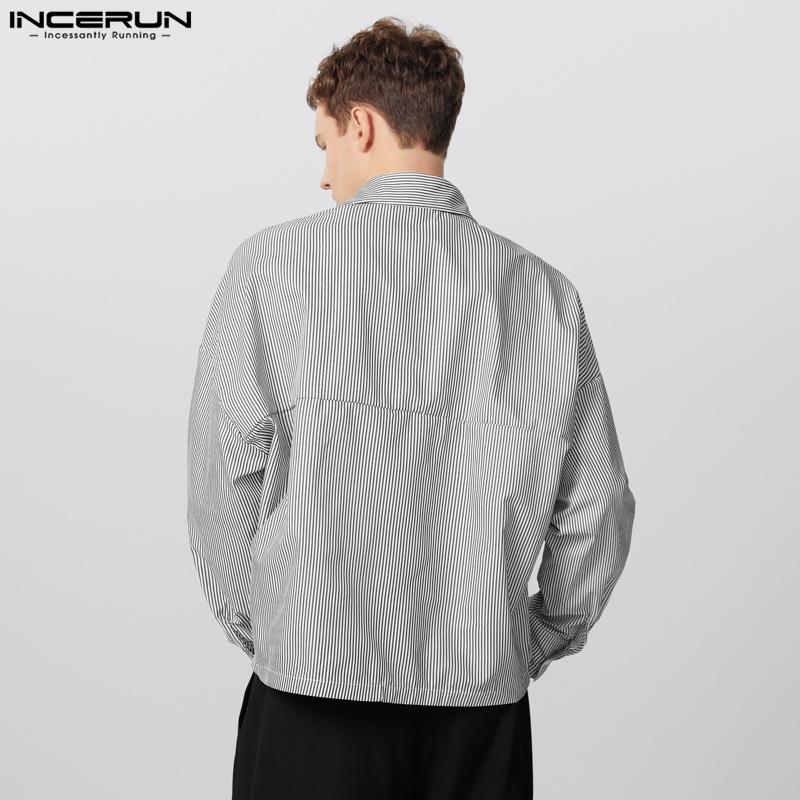INCERUN Men Lapel Neck Long Sleeve Striped Casual Buttons Up Shirts