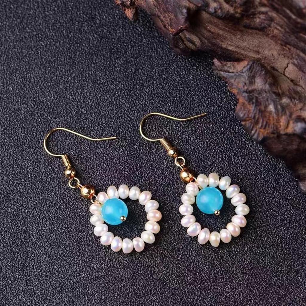 Natural Pearls With Tianhe Stone 14K Gold Ear Hook Earrings, Non-Allergic, Fashionable Style, Earrings.