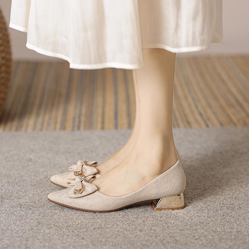 Spring New Evening Shoes French Thick Heel High Heels Pointed Single Shoes Women's Medium Heel Large Size Shoes 40-43 Women's Shoes
