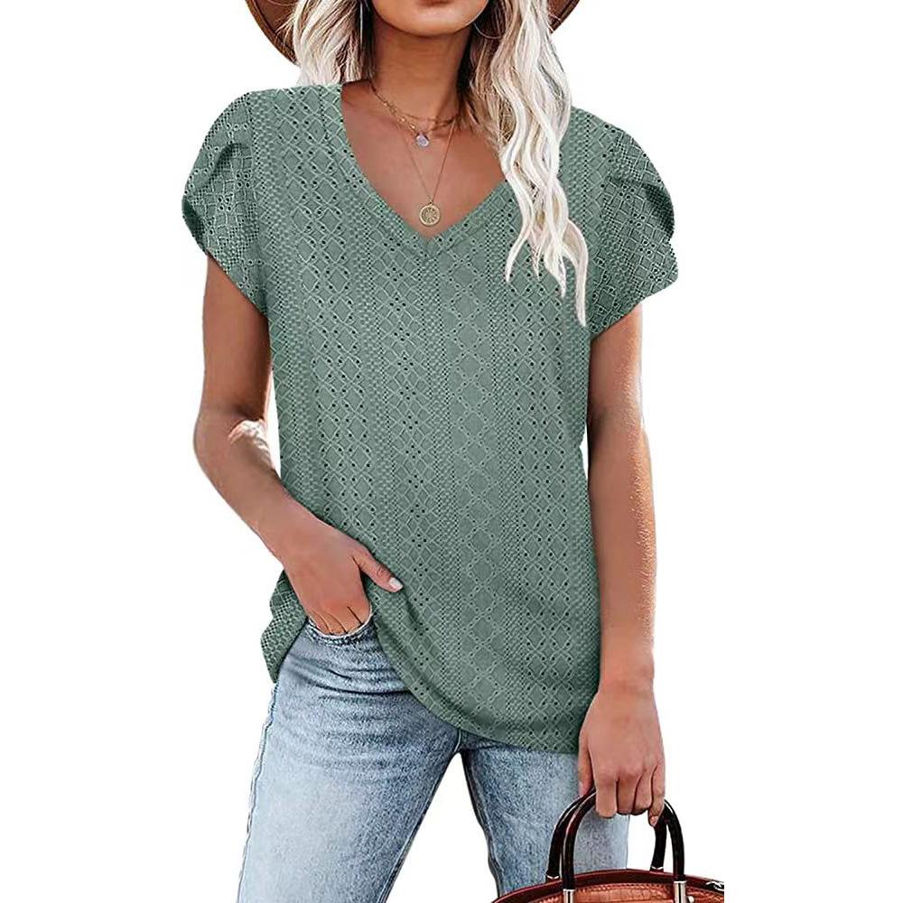 Summer Women's T-shirt Solid Color V-neck Tile Sleeve Loose Short Sleeve T-shirt Tops