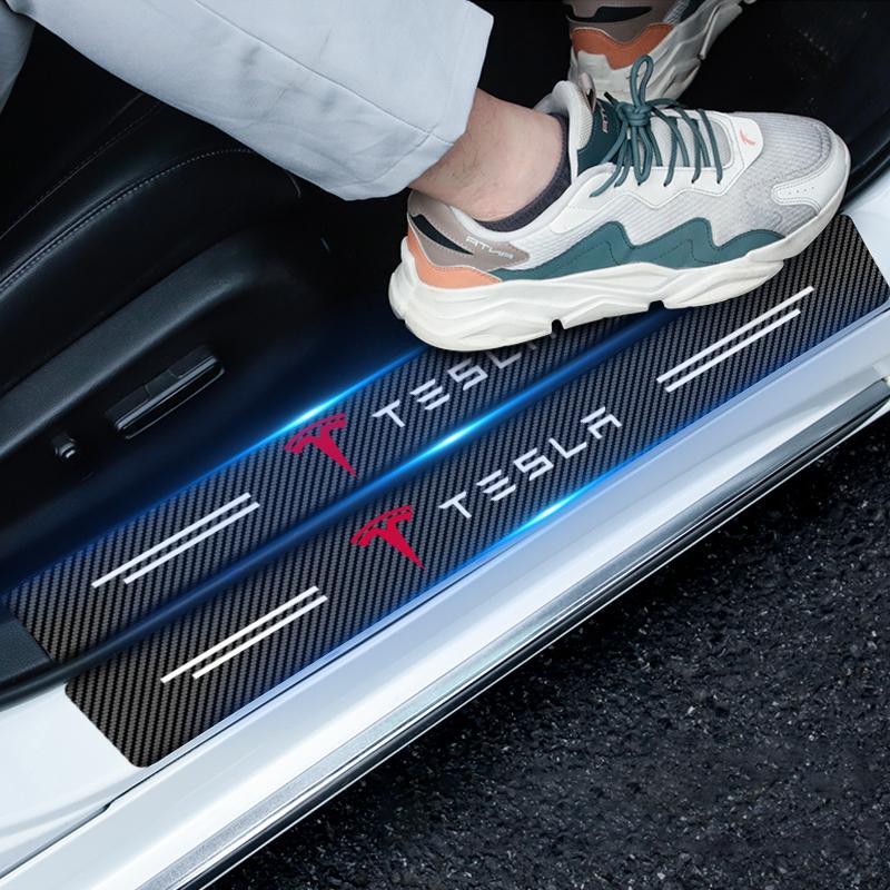 4Pcs Carbon Fiber Car Doorsill Stickers Protect Film Auto Styling For Tesla Model 3 S X Y Style Roadster Invader Coil Mod WYE K80