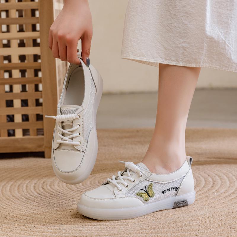 Women's White Leather Slip-On Sneakers - Spring/Autumn, Soft Sole, Butterfly Design, Casual Flats, Plus Sizes Available