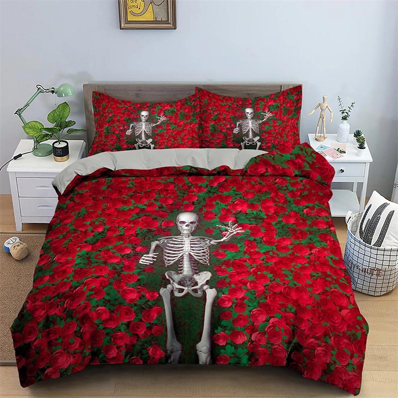 Bettbezug mit Rosen-Totenkopf-Motiv zum Valentinstag, King-Size-Bett, 3D-Totenkopf-Druck, Bettbezug, 3-teilig, Bettbezug für Verliebte, Geschenke für Erwachsene