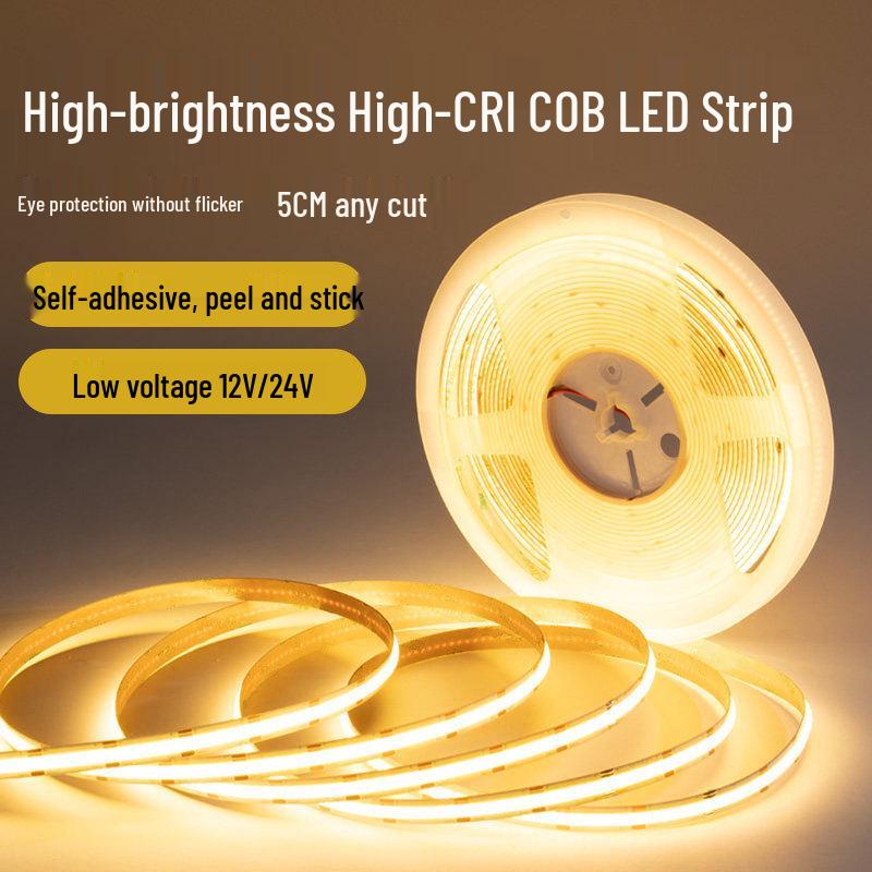 24V Low Voltage Self-Adhesive COB LED Strip Light for Living Room, Cabinet, and Recessed Card Slots