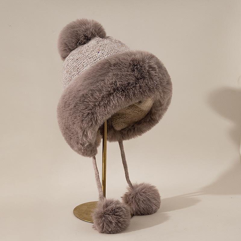 Imitation Fur Shows The Face with Small White Rabbit Fur and Velvet Lei Feng Hat for Women In Winter Cycling Warm Windproof Ear Protection Ski Hat