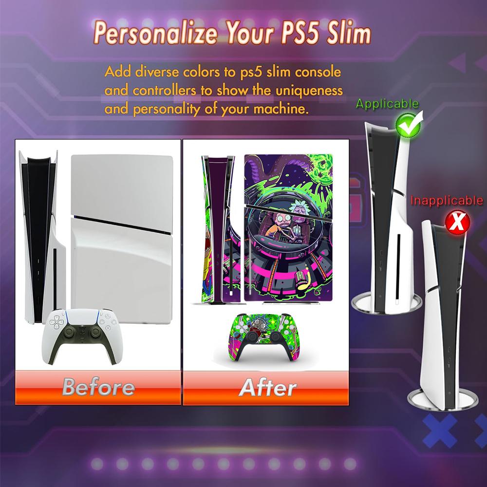 Skin in vinile di Rick e Morty per PS5 Slim Edizione Disco, Console e Controller