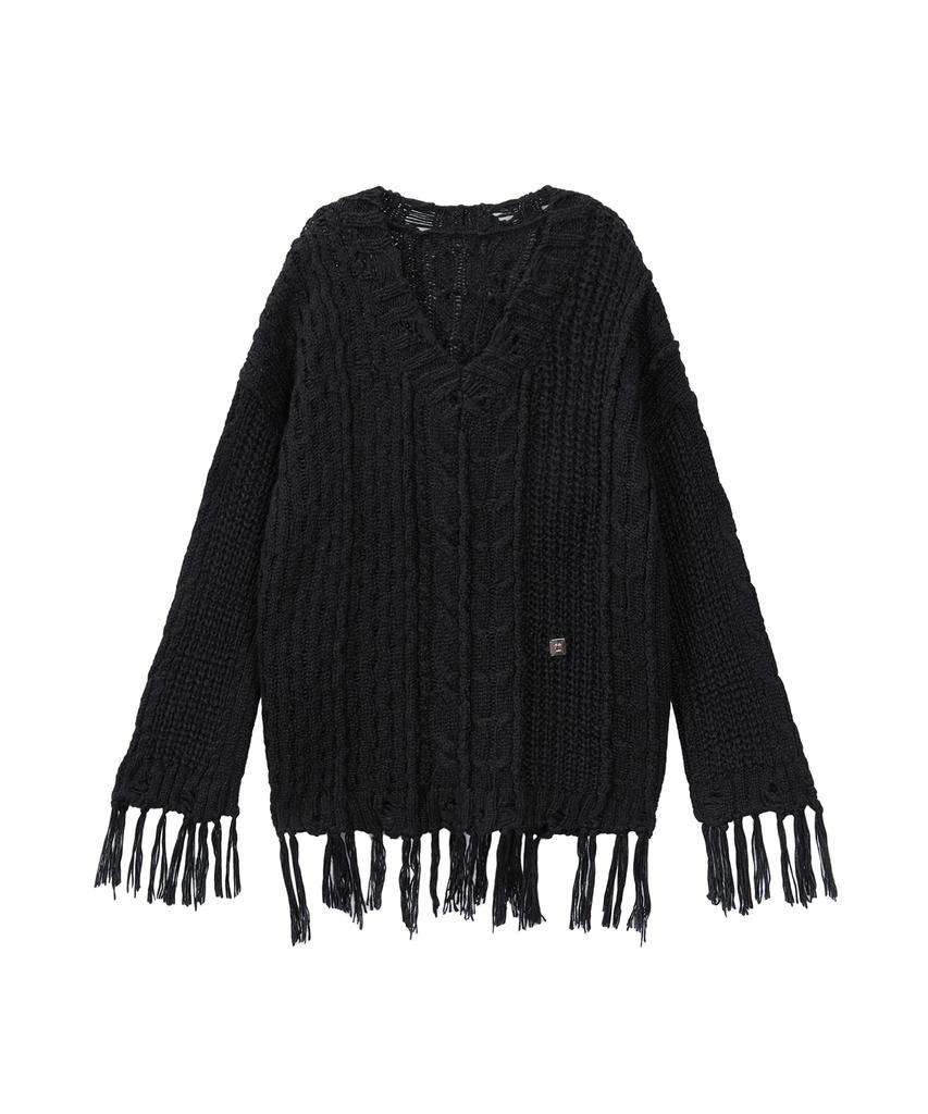 Teulimingbeodeu Wool Damage Tassel Knit Set-Up Pullover [ Black ]