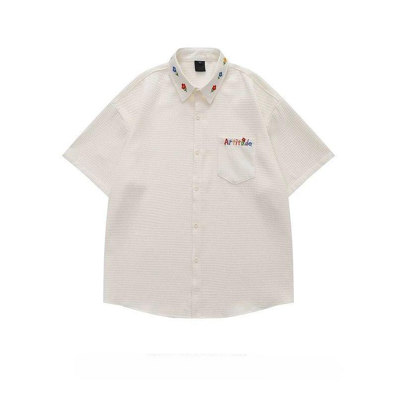 

Floral Letter Embroidered Lady Shirts Lazy Style Waffle Turn-down Collar Shirt Solid Color Short Sleeved Summer Clothing XXL абрикосовий