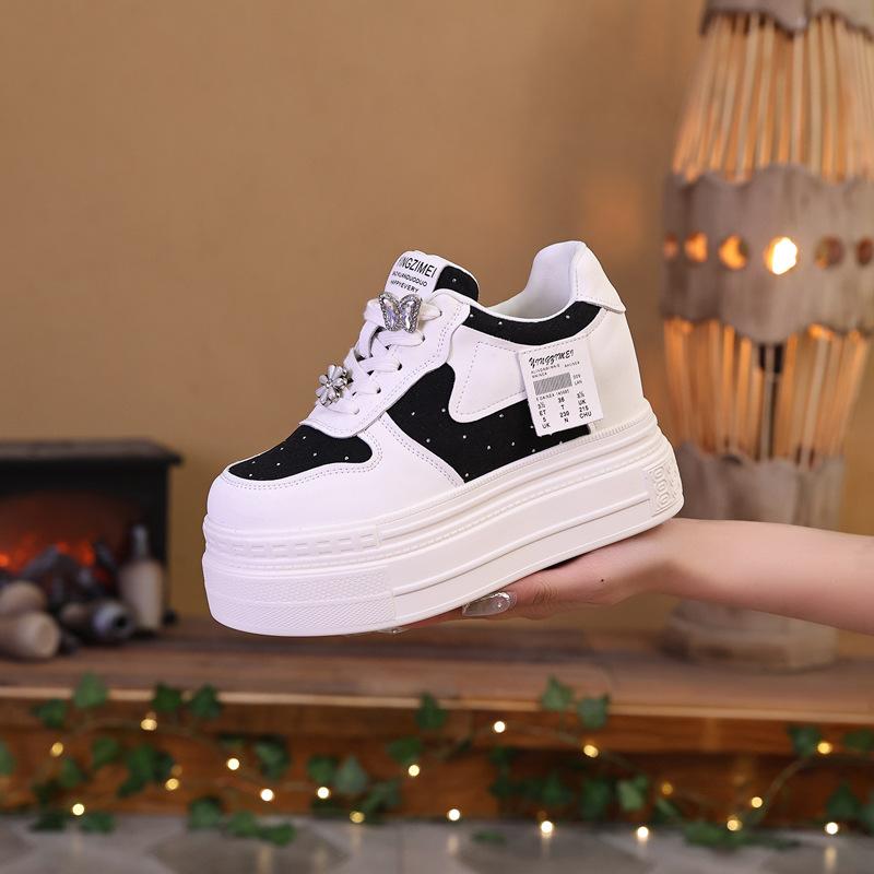 Thick-soled 2025 spring and autumn heightening white shoes super high women's shoes lace-up new round head fashion thin casual versatile